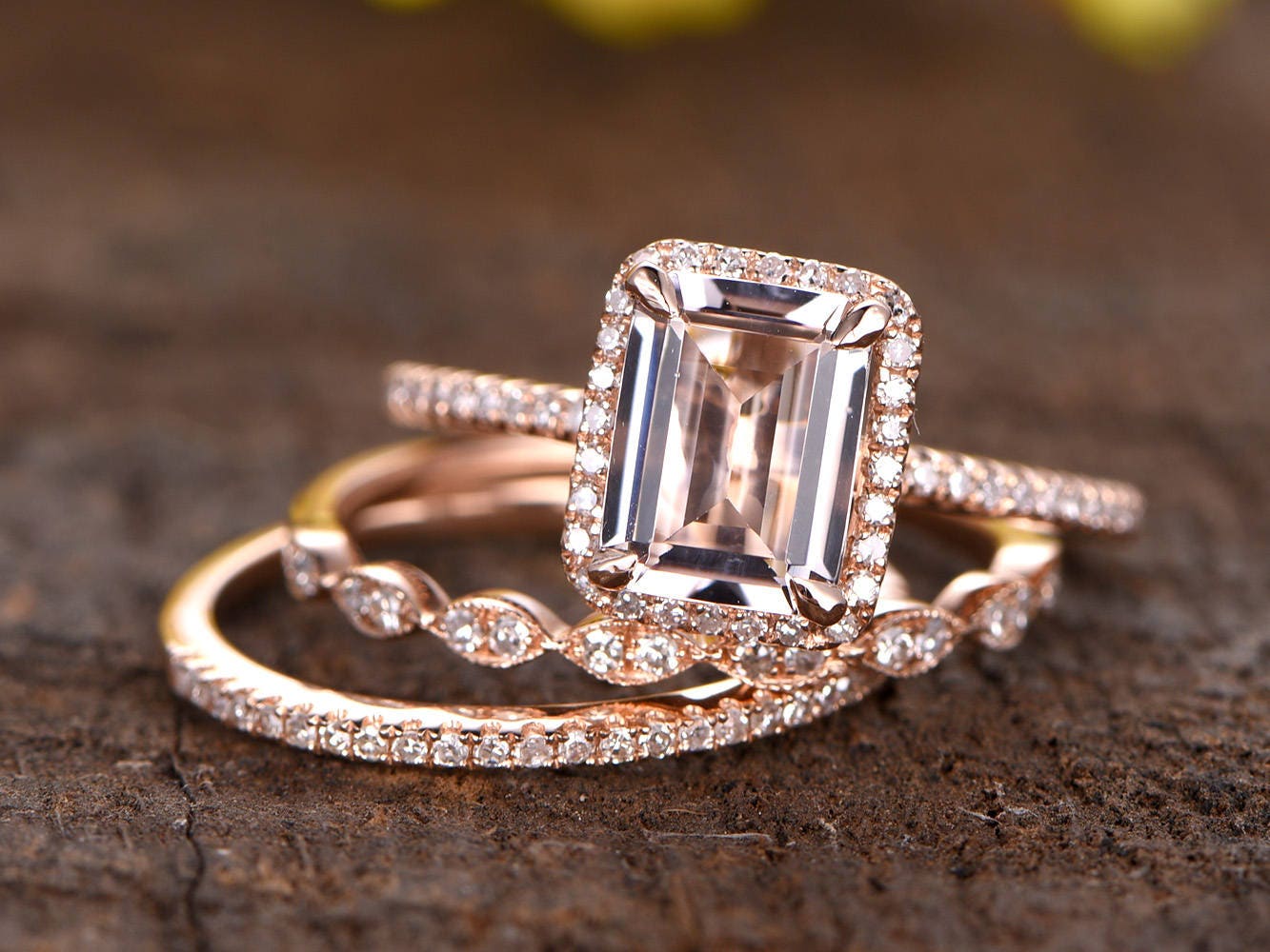 6x8mm emerald cut pink morganite engagement ring set14k ...