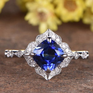 Blue Sapphire Engagement Ring Antique Flower Design Art Deco Diamond Wedding Band 7mm Cushion Cut Gemstone Bridal Ring 14K White Gold