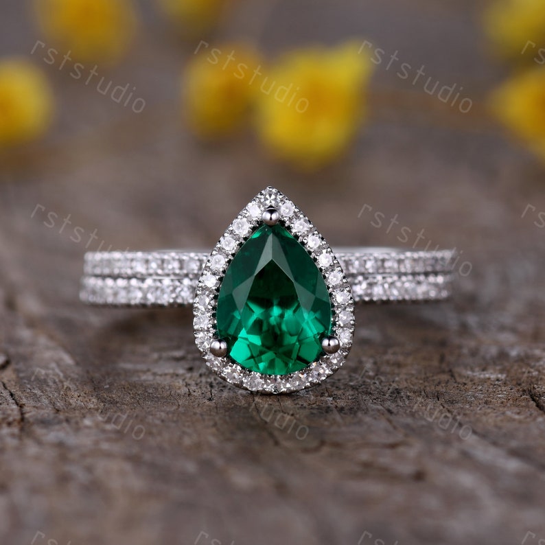 1.3ct Emerald Engagement Ring Teardrop Emerald Ring Diamond Wedding Band Pear Shape Bridal Wedding Set Dainty Ring Birthstone Ring image 3