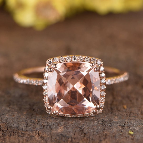 3ct morganite engagement ring rose gold bridal ring diamond wedding ring cushion Morganite ring vintage morganite jewelry anniversary ring