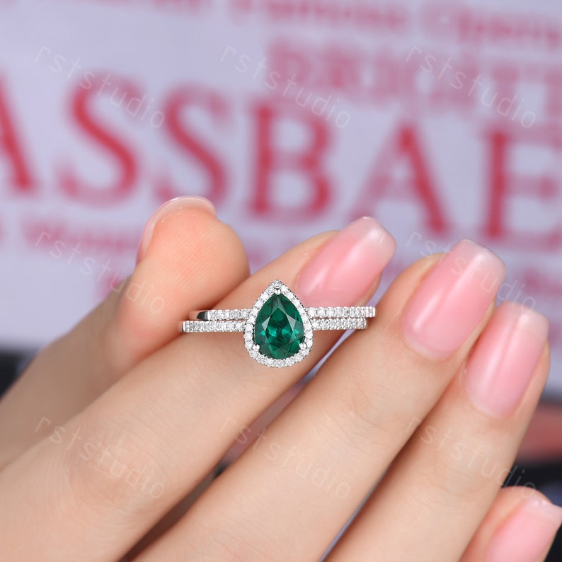 1.3ct Emerald Engagement Ring Teardrop Emerald Ring Diamond Wedding Band Pear Shape Bridal Wedding Set Dainty Ring Birthstone Ring image 8