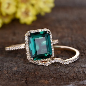 Vintage Emerald Ring May Birthstone Unique Emerald engagement ring set Rose Gold curve diamond wedding band Anniversary Ring Women Gifts