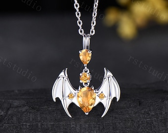 Gothic Pear Shaped Natural Citrine Pendant Necklace 14k White Gold Bat Wing Necklace Halloween Wedding Gift November Birthstone