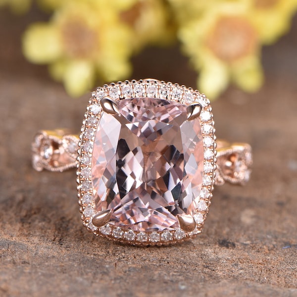 5ct natural morganite engagement ring floral band promise diamond ring vintage Morganite ring unique morganite jewelry 14K Solid Rose Gold