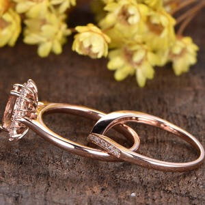 2pcs Morganite engagement ring set 14K rose gold,diamond ring floral HALO,curved band half eternity wedding ring set Morganite Jewelry Set image 3