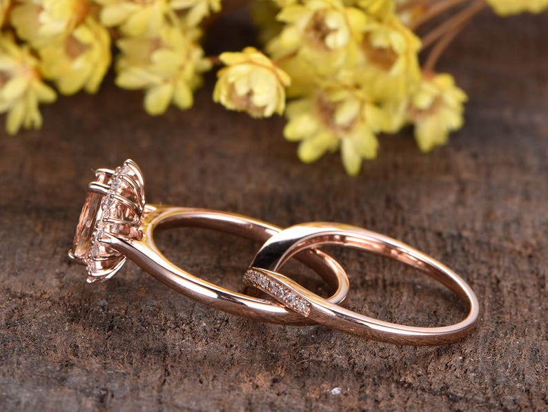 2pcs Morganite engagement ring set 14K rose gold,diamond ring floral HALO,curved band half eternity wedding ring set Morganite Jewelry Set image 3