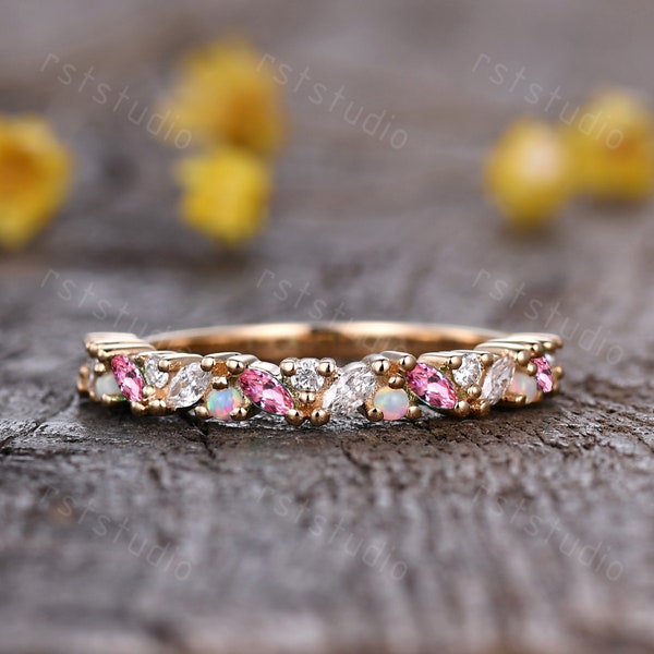Marquise pink tourmaline diamond wedding band solid gold tourmaline white opal band bridal ring anniversary ring birthstone gift silver ring