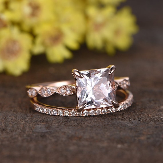 Fine Jewelry 7mm Princess Cut Morganite & Lab Dia Wedding Bridal Ring ...