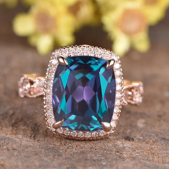 7ct Alexandrite Ring 14K rose gold cushion cut alexandrite engagement ring, floral band promise ring alexandrite jewelry birthstone ring