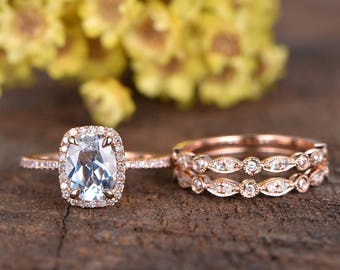 Oval Cut Natural Aquamarine Engagement Ring14KRose Gold Blue AquamarineArt Deco Diamond Maching Band Birthstone Ring Promise Rings For Women