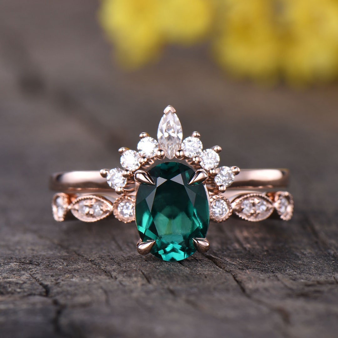 6x8mm Emerald Engagement Ring Set Vintage Emerald Wedding Ring ...