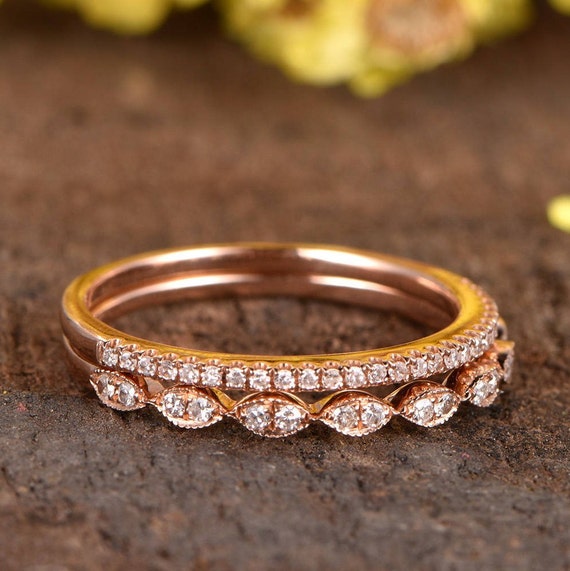 マーキーズカットダイヤモンドリングセット、14金ローズゴールド製結婚 