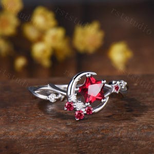 Art Deco Star Cut Red Ruby Engagement Ring, Celestial Crescent Moon Star July Birthstone Anniversary Ring Gift for Women