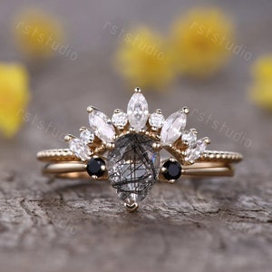 1.2ct Pear Cut Vintage Black Rutilated Quartz Engagement Ring Set,14K Rose Gold black spinel 3 stone ring,Antique Black Gemstone image 5