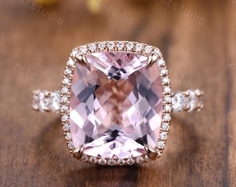 10ct Cushion Pink Morganite Engagement Ring: 14K Rose Gold Halo Moissanite Band