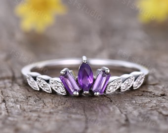 Antique Amethyst ring Diamond wedding band,marquise baguette cut purple Amethyst,Amethyst engagement ring amethyst jewelry Anniversary gifts