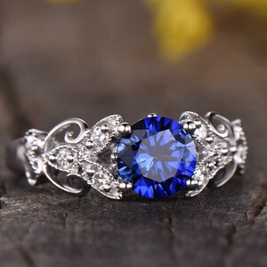 Sapphire Engagement Ring Vintage Antique Diamond Floral Ring Art Deco Wedding Band Round Cut Blue Gemstone Solitaire Ring 14K White Gold image 3