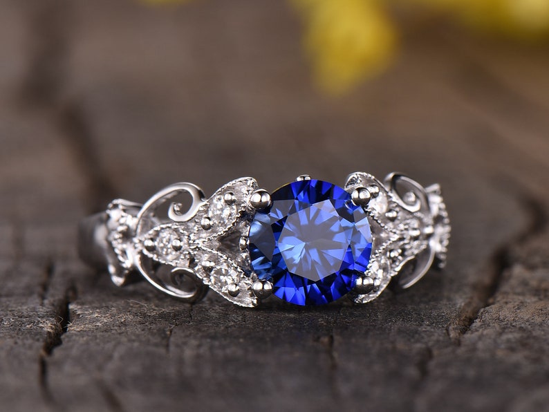 Sapphire Engagement Ring Vintage Antique Diamond Floral Ring Art Deco Wedding Band Round Cut Blue Gemstone Solitaire Ring 14K White Gold image 3