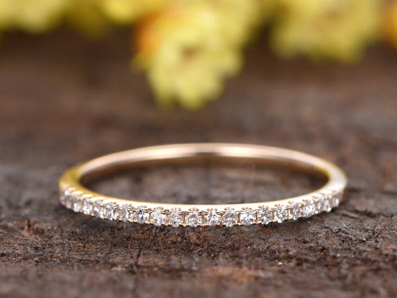 Diamond Wedding Band 14K Yellow Gold Half Eternity Matching Band Petite  French Micro Pave Promise Ring Anniversary Ring Dainty Diamond Ring