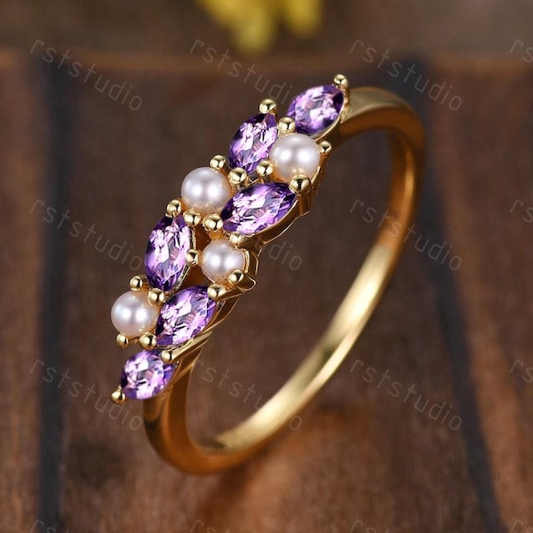 Vintage 14k Gold Amethyst Perle Ring: Februar Birthstone Ehering