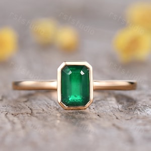 14K Yellow Gold Natural Emerald Engagement Ring,Green Gemstone,Emerald Jewelry,Emerald Cut, Bezel Set, May Birthstone Ring