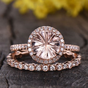 Unique Morganite Engagement Ring Vintage Morganite Gemstone Ring Diamond Wedding Band 14K Rose Gold Morganite Ring Anniversary Gifts image 2