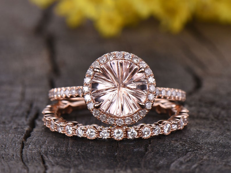 Unique Morganite Engagement Ring Vintage Morganite Gemstone Ring Diamond Wedding Band 14K Rose Gold Morganite Ring Anniversary Gifts image 2