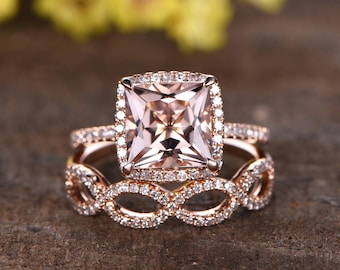 Princess Cut Natural Morganite Engagement Ring Set Infinity Wedding Band Twisted Ring Rings for Women Morganite Jewelry Promise Gifts