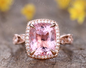 5ct Pink Morganite Engagement Ring, Floral Diamond Halo, 14K Rose Gold