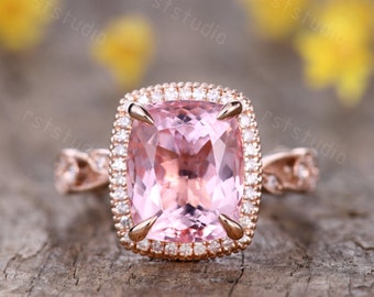 5ct natural pink morganite engagement ring flora band pink gemstone ring cushion cut 14K rose gold vintage morganite jewelry for women