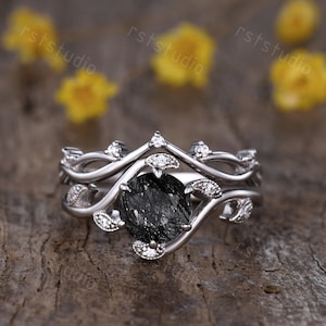 2 pcs Vintage Black Rutilated Quartz Engagement ring Set Dainty Curve Diamond Matching Band Black Gemstone Rings Anniversary Ring