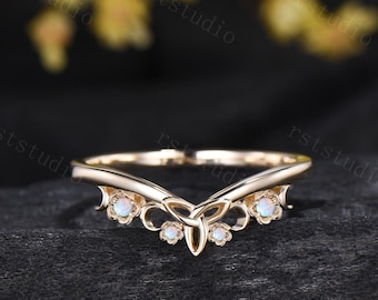 Flower Opal Wedding Band: Celtic Knot 14K Yellow Gold Anniversary Ring