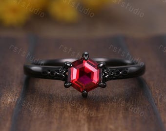 Handmade Red Garnet Hexagon Ring: 14k Black Gold Gothic Wedding Band