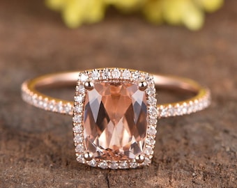 Cushion Morganite Engagement Ring, Diamond Halo, 14K Rose Gold Band