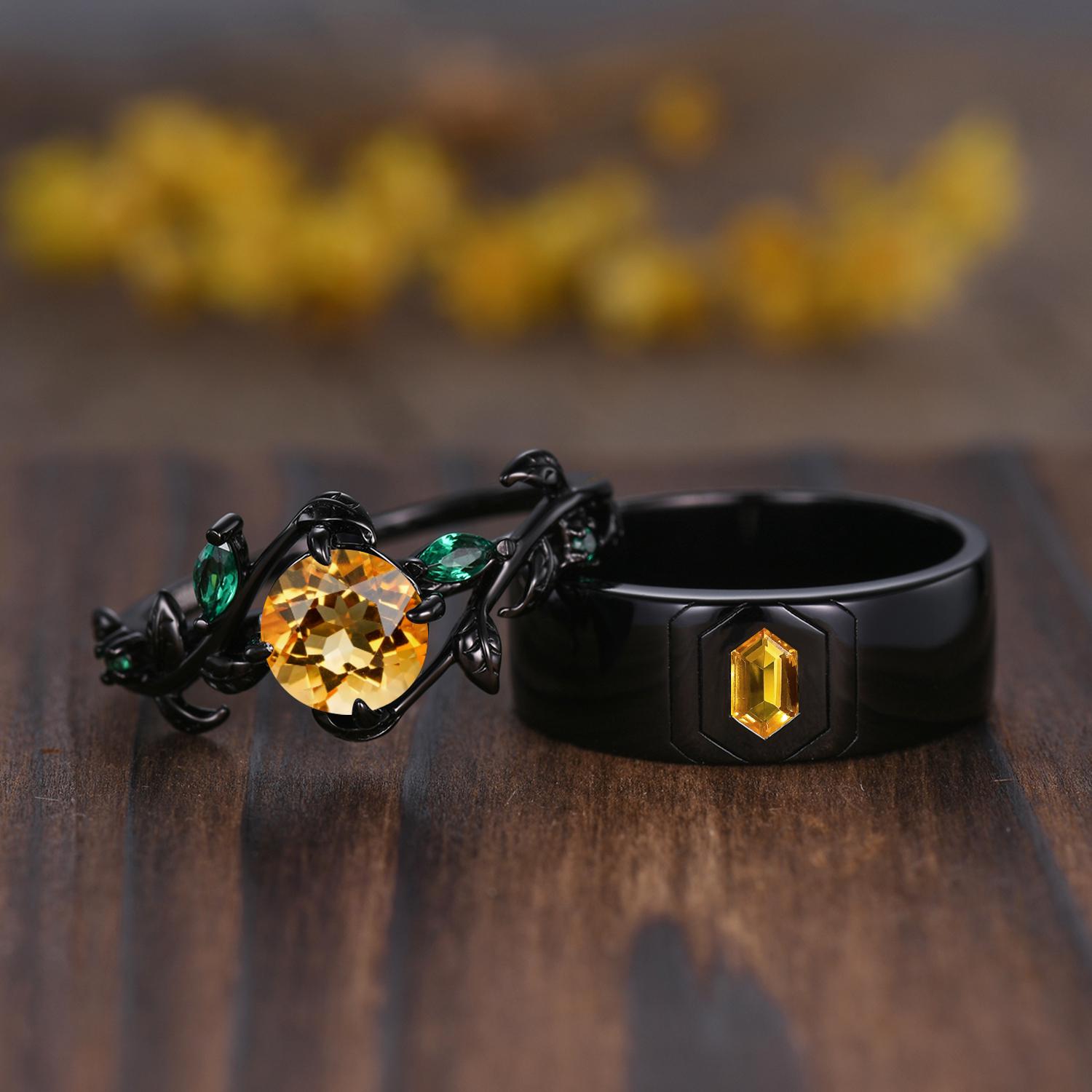Gothic Hexagon Yellow Citrine Wedding Ring Silver Black Gold Ring Plain Stacking Matching Band Unique Promise Ring Anniversary Gift For Him