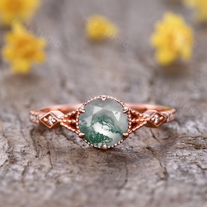 Round Cut Moss Agate Engagement Ring Rose Gold Vintage Moss Agate Ring Art Deco Diamond Wedding Band Moss Agate Jewelry Promise Rings