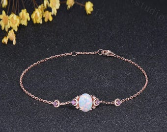 Vintage Oval Fire White Opal Bracelet Celestial Crescent Moon Bracelet Sterling Silver Purple Amethyst Bracelet Birthday Gift for Women
