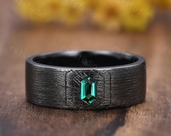 Mens Gothic Hexagon Green Emerald Wedding Ring Black Gold Ring Matte Stacking Matching Band Unique Promise Ring Anniversary Gift