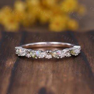 Marquise peridot real diamond wedding band green peridot white opal band bridal ring anniversary ring family birthstone gift silver ring