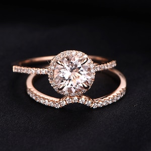 Vintage Natural Morganite Engagement Ring Set Curved Real Diamond Wedding Band Morganite Ring Jewelry Personalized Gifts Gemstone rings
