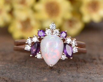 Natural Australia Opal amethyst engagement ring set,pear cut fire opal ring,amethyst diamond curved band in rose gold opal jewelry