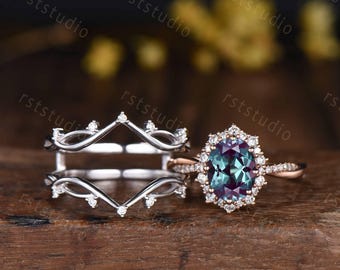 Snowdrift  Oval Alexandrite Engagement Ring Set, Vintage Ring Enhancer, Oval Cut Halo Bridal Set, Curved Vine Twisted Wedding Band