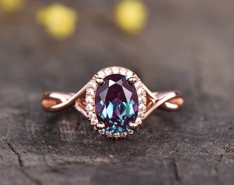 Vintage Alexandrite Engagement Ring, 14K White Gold, Diamond Halo