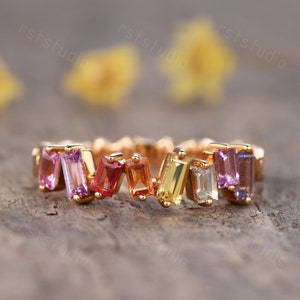 14K Yellow Gold Natural Rainbow Sapphire Engagement Ring Birthstone Ring Rainbow Rings For Women Baguette Cut Sapphire Jewelry