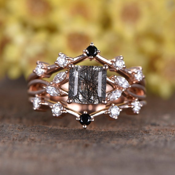 Buy Rose Gold Black Rutilated Quartz Engagement Ring Set: Vintage