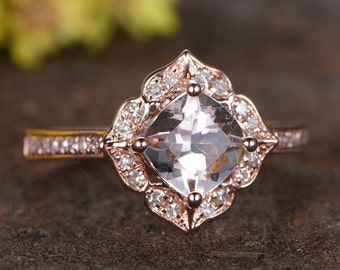Antique Rose Gold Morganite Engagement Ring, Diamond Halo, Floral Wedding Band