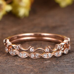 Antique 2PCS Diamond Wedding Ring Set Art Deco Wedding Band Marquise Milgrain Curved Matching Band Stacking Ring Anniversary Rings For Women