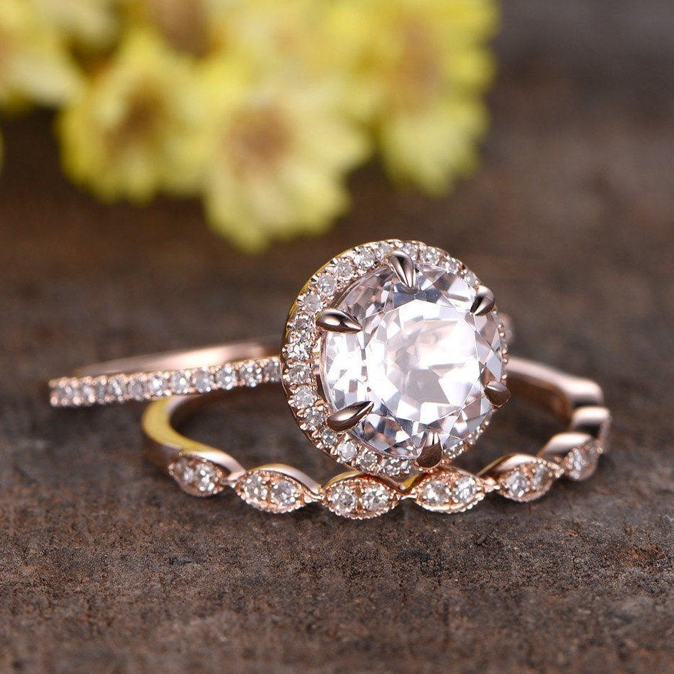 8mm Morganite Engagement Ring Set 6-prong Marquise Diamond | Etsy