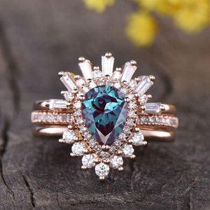Alexandrite Engagement Ring Antique Alexandrite Jewelry Promise ring Birthstone 14K Rose gold Color Change Alexandrite Bridal Set Customized