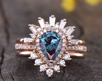 Anillo de compromiso de alejandrita en forma de pera, joyería nupcial de oro rosa de 14 quilates
